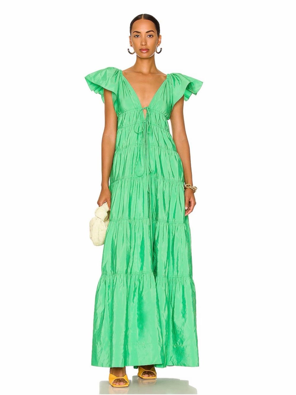A.L.C. Green Luca Maxi Dress Tiered Flutter Sleeve Silk/Blend Size 4